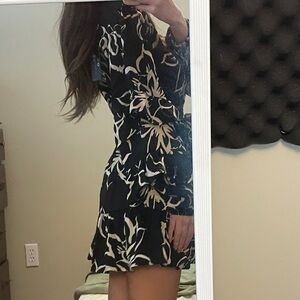 Black & White Floral Tie Waist Mini Dress